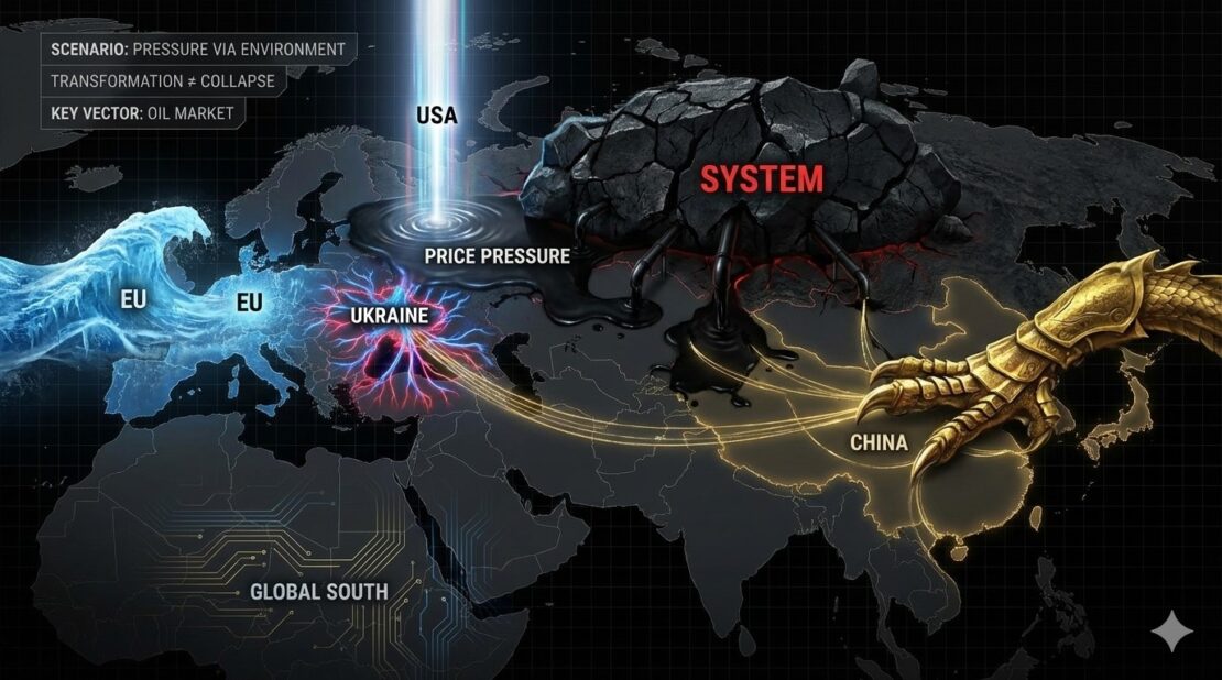 Схематична карта взаємодії глобальних регіонів у сценарії тиску через економічне середовище