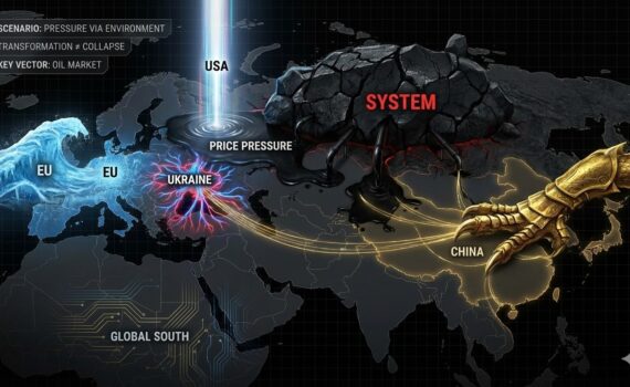 Схематична карта взаємодії глобальних регіонів у сценарії тиску через економічне середовище