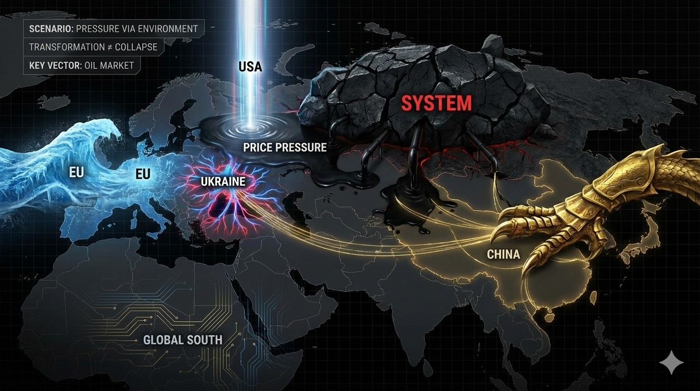 Схематична карта взаємодії глобальних регіонів у сценарії тиску через економічне середовище